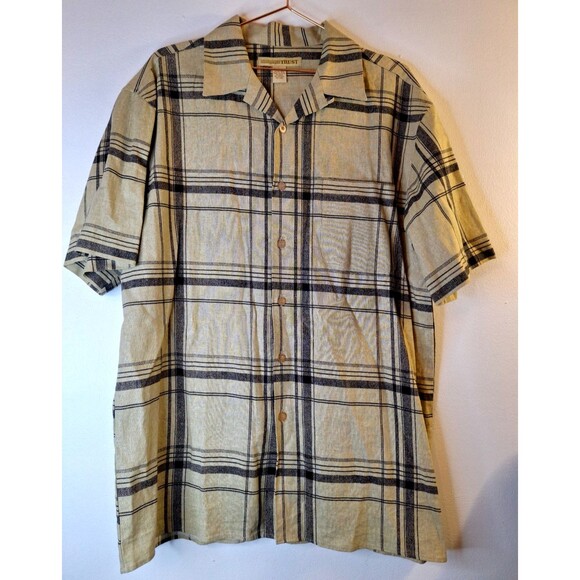 TRUST S/S Linen Rayon Button Down Shirt Men's Large Beach Resort Casual Travel - Picture 1 of 5